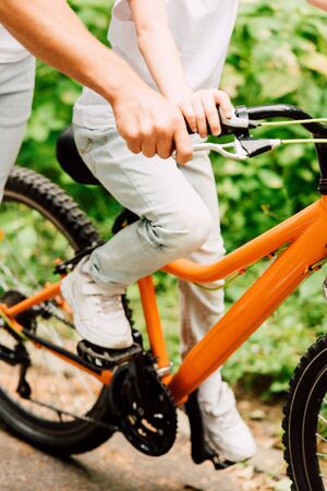 cropped view of father holding handle of bicycle to help son to rideの写真素材