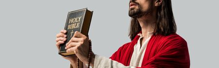 panoramic shot of jesus holding holy bible isolated on grey