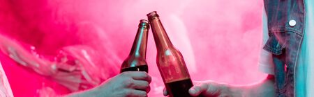 panoramic shot of men clinking with beer bottles in nightclub