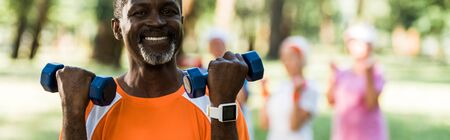 panoramic shot of african american man holding dumbbells and doing exercises