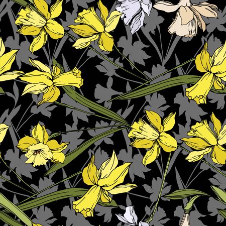 Vector Narcissus floral botanical flowers. Wild spring leaf wildflower isolated. Black and white engraved ink art. Seamless background pattern. Fabric wallpaper print texture.の写真素材