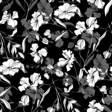 Vector Flax floral botanical flowers. Wild spring leaf wildflower isolated. Black and white engraved ink art. Seamless background pattern. Fabric wallpaper print texture.の写真素材