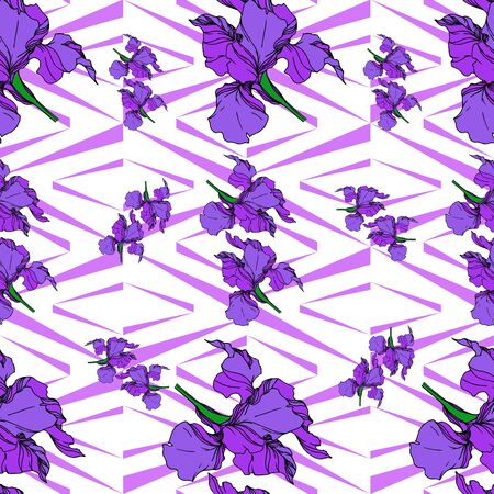 Vector Iris floral botanical flowers. Wild spring leaf wildflower isolated. Black and white engraved ink art. Seamless background pattern. Fabric wallpaper print texture.の写真素材