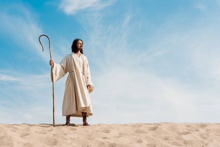 handsome man holding wooden cane against blue sky in desertの写真素材