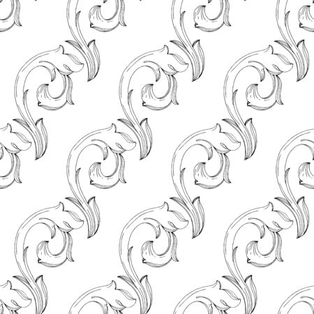 Vector Baroque monogram floral ornament. Baroque design isolated elements. Black and white engraved ink art. Seamless background pattern. Fabric wallpaper print texture.のイラスト素材