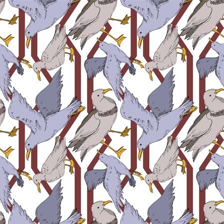 Vector Sky bird seagull isolated. Wild freedom, bird with a flying wings. Black and white engraved ink art. Seamless background pattern. Fabric wallpaper print texture.のイラスト素材