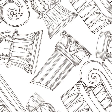 Vector Antique greek columns. Black and white engraved ink art. Seamless background pattern. Fabric wallpaper print texture on white background.のイラスト素材