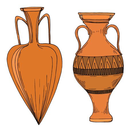 Vector Antique greek amphoras. Black and white engraved ink art. Isolated ancient illustration element on white background.のイラスト素材