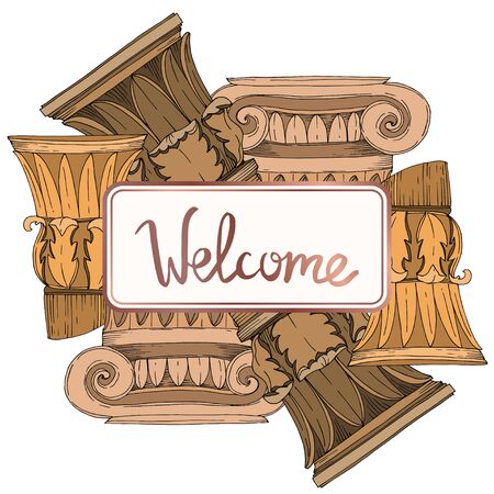 Vector Antique greek columns. Black and white engraved ink art. Frame border ornament square on white background.のイラスト素材