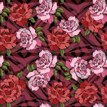 Vector Exotic Zebra print with floral botanical flowers. Black and white engraved ink art. Seamless background pattern. Fabric wallpaper print texture.のイラスト素材