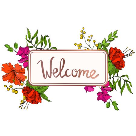 Vector Tropical floral botanical flower. Exotic tropical hawaiian summer. Engraved ink art. Frame border ornament square on white background.のイラスト素材