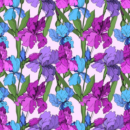 Vector Iris floral botanical flowers. Wild spring leaf wildflower isolated. Black and white engraved ink art. Seamless background pattern. Fabric wallpaper print texture.のイラスト素材