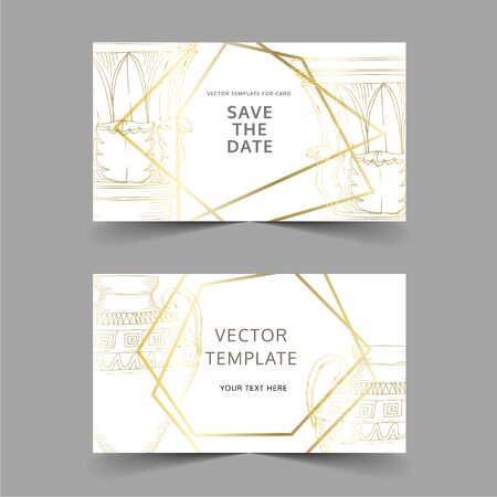 Vector Antique greek amphoras and columns. Black and white engraved ink art. Wedding background card decorative border. Thank you, rsvp, invitation elegant card illustration graphic set banner.のイラスト素材