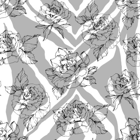Vector Exotic Zebra print with floral botanical flowers. Black and white engraved ink art. Seamless background pattern. Fabric wallpaper print texture.のイラスト素材