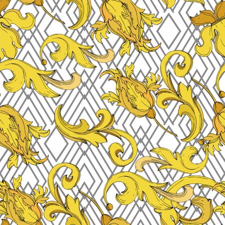Vector Golden monogram floral ornament. Baroque design isolated elements. Black and white engraved ink art. Seamless background pattern. Fabric wallpaper print texture.のイラスト素材