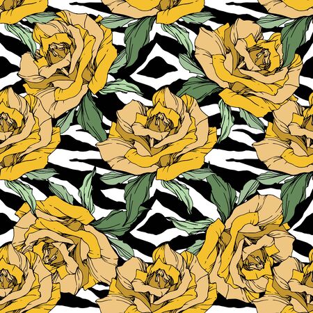 Vector Exotic Zebra print with floral botanical flowers. Black and white engraved ink art. Seamless background pattern. Fabric wallpaper print texture.のイラスト素材