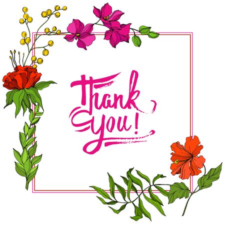 Vector Tropical floral botanical flower. Exotic tropical hawaiian summer. Engraved ink art. Frame border ornament square on white background.のイラスト素材