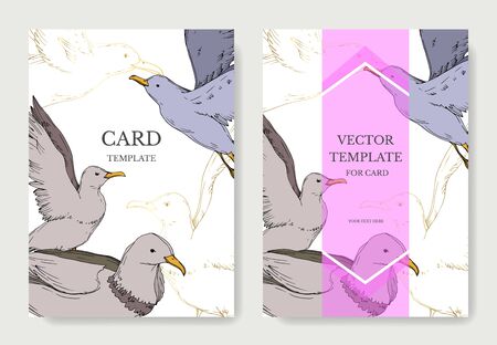 Vector Sky bird seagull isolated. Black and white engraved ink art. Wedding background card decorative border. Thank you, rsvp, invitation elegant card illustration graphic set banner.のイラスト素材