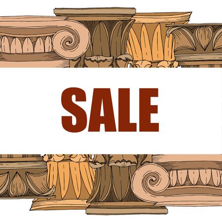 Vector Antique greek columns. Black and white engraved ink art. Frame border ornament square on white background.のイラスト素材