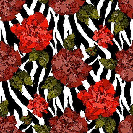 Vector Exotic Zebra print with floral botanical flowers. Black and white engraved ink art. Seamless background pattern. Fabric wallpaper print texture.のイラスト素材