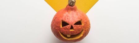 panoramic shot of scary Halloween pumpkin on white and orange backgroundの写真素材