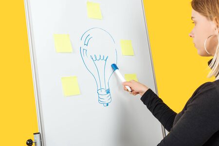 cropped view of businesswoman standing near white flipchart, pointing at light bulb drawn