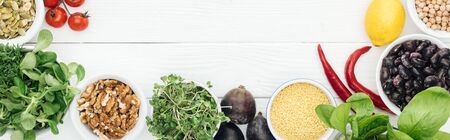 top view of ripe vegetables on wooden white table with copy space, panoramic shot