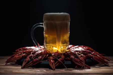 glass of beer on plate with red lobsters at wooden surfaceの写真素材