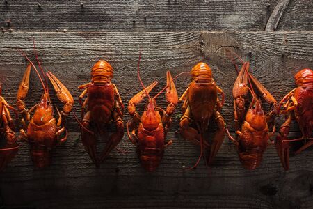 top view of red lobsters on wooden surfaceの写真素材
