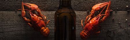 panoramic shot of red lobsters and glass bottle with beer on wooden surface