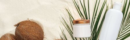 top view of cosmetics with coconuts and palm leaves on golden sand, panoramic shotの写真素材