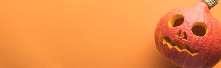 panoramic shot of Halloween pumpkin on orange background