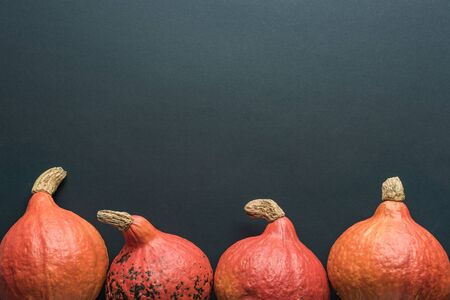 top view of ripe pumpkin on black background with copy space