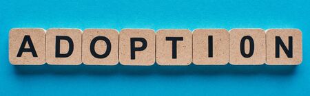 panoramic shot of wooden blocks with adoption lettering on blue backgroundの写真素材