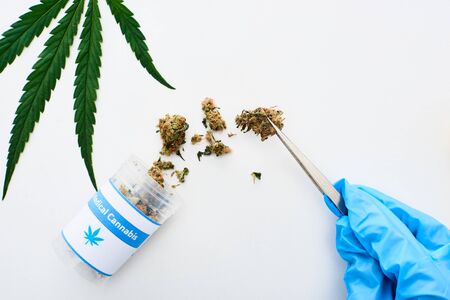 cropped view of doctor in blue glove holding medical cannabis with tweezers near marijuana leaf on white backgroundの写真素材