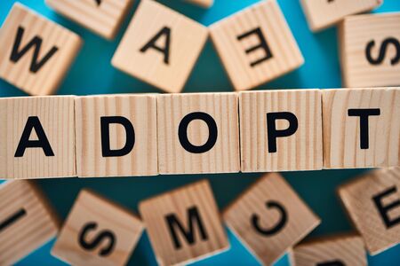 selective focus of adopt word made of wooden cubes