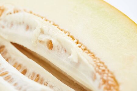 close up view of sweet delicious ripe melon with seedsの写真素材