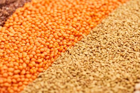 close up view of raw red lentil and whore grains