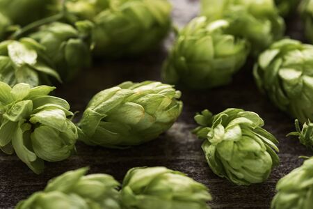 close up view of green hop on wooden surface