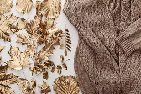 top view of knitted brown cozy sweater and golden foliage on white background