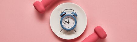 top view of dumbbells and plate with toy alarm clock on pink background, panoramic shot