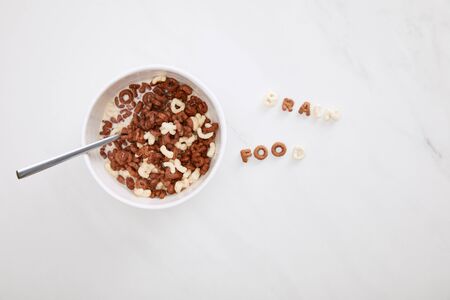 top view of cereal brain food inscription near bowl on marble surfaceの写真素材