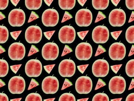 background pattern with delicious red ripe watermelon slices and halves isolated on black