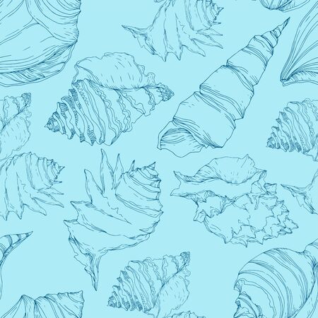 Summer beach seashell tropical elements. Black and white engraved ink art. Seamless background pattern. Fabric wallpaper print texture on white background.のイラスト素材