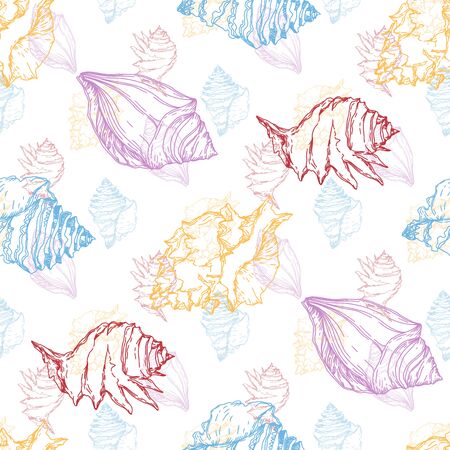 Summer beach seashell tropical elements. Black and white engraved ink art. Seamless background pattern. Fabric wallpaper print texture on white background.のイラスト素材