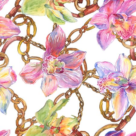 Orchid floral botanical flowers. Wild spring leaf wildflower.  illustration set. Watercolour drawing fashion aquarelle. Seamless background pattern. Fabric wallpaper print texture.の写真素材