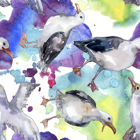 Sky bird seagull in a wildlife. Wild freedom, bird with a flying wings.  illustration set. Watercolour drawing fashion aquarelle. Seamless background pattern. Fabric wallpaper print texture.の写真素材
