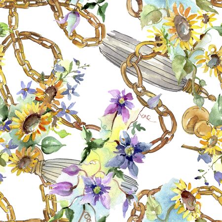 Bouquet with sunflowers botanical flowers. Wild spring leaf wildflower.  illustration set. Watercolour drawing fashion aquarelle. Seamless background pattern. Fabric wallpaper print texture.の写真素材