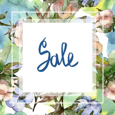 White cotton floral botanical flowers. Wild spring leaf wildflower.  background illustration set. Watercolour drawing fashion aquarelle. Frame border ornament square.の写真素材