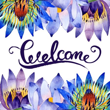 Blue lotus floral botanical flowers. Wild spring leaf wildflower isolated.  background illustration set. Watercolour drawing fashion aquarelle isolated. Frame border ornament square.の写真素材